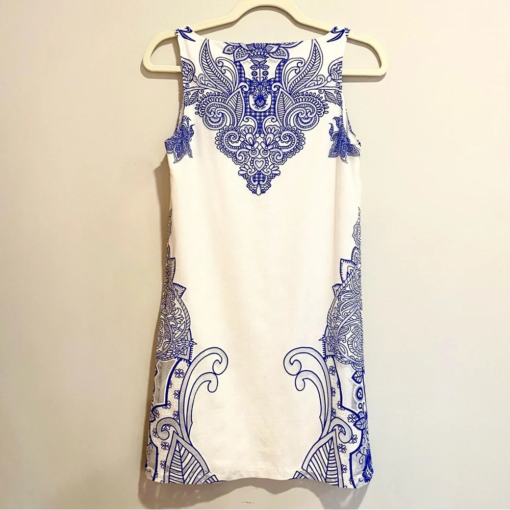 Promod French boutique white summer shift dress with blue embroidery - Picture 4 of 8
